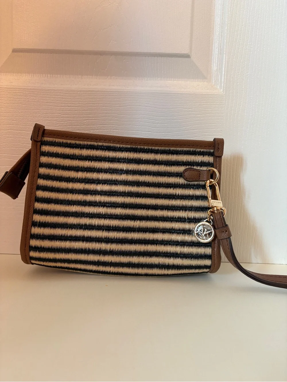 NWOT Anne Klein Black and Cream Striped Straw Clutch with Brown Trim